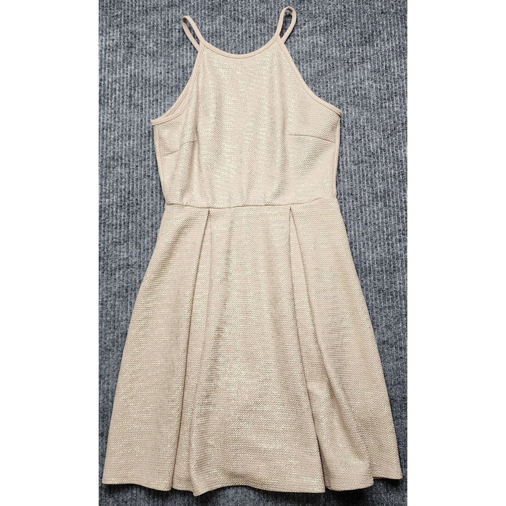 Soprano Gold Metallic Halter Skater Dress Textured Knit Fit and Flare Small